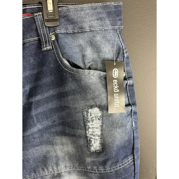 Ecko Jean Shorts Men 40 Baggy Fit Med Wash Distressed Denim Patches Y2k‎ 90s - Picture 8 of 15
